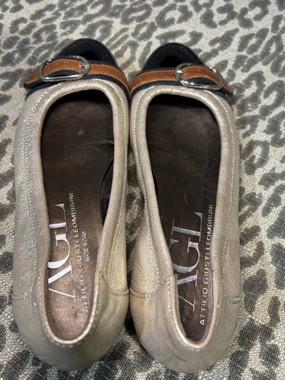 AGL gold metallic flats patent leather toe leather buckle  preppy casual shoe 37